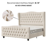 Keyluv Full Size 54.3” Tall Platform Bed Frame with Deep Button Tufted Wingback Headboard and Footboard, Velvet Upholstered Bed Frame with Handmade Pleats, No Box Spring Needed, Beige/Cream Keyluv