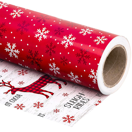 WRAPAHOLIC Reversible Christmas Wrapping Paper Roll - Mini Roll - 17 Inch x 33 Feet - Red White Reindeer and Snowflake Wrapping Paper for Christmas, Holiday, Party WRAPAHOLIC