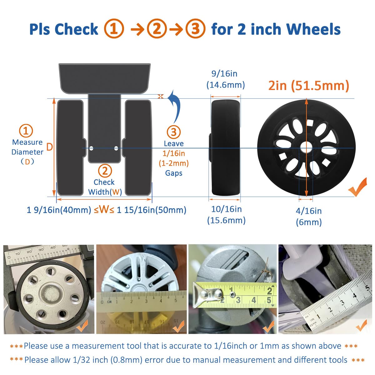 Luggage Wheels Replacement Set 8PCS 2inch TPU Rubber Wheel Convenient Upgrade Sets Smooth Silent for Suitcase Spinner Trolley Bag Drawbar Travel Box Caster Repair ASUNTOM