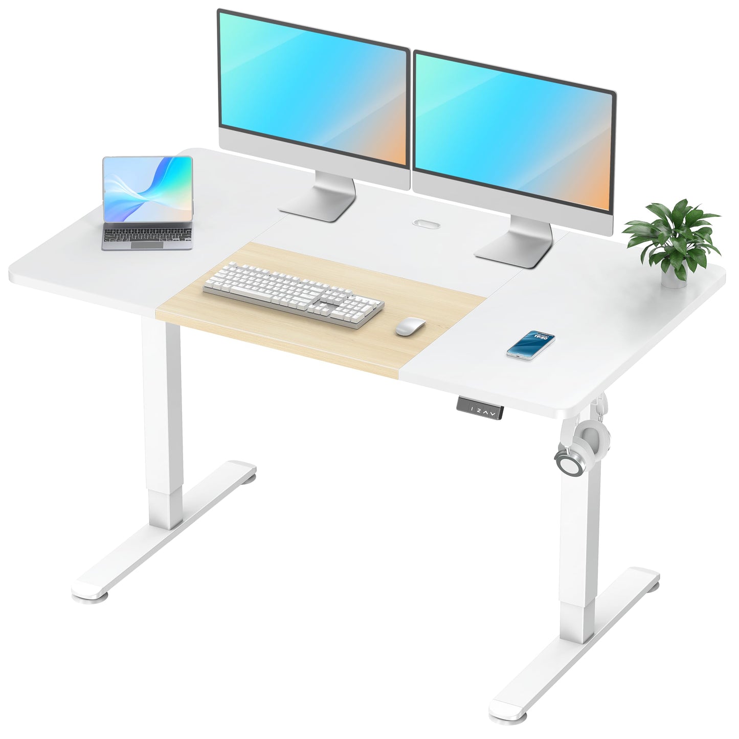 WOKA Electric Height Adjustable Electric Standing Desk, 55 x 28 Inch Sit Stand Desk with Memory Controllers, Stand up Desk for Home Office, White and Oak Tabletop - WoodArtSupply