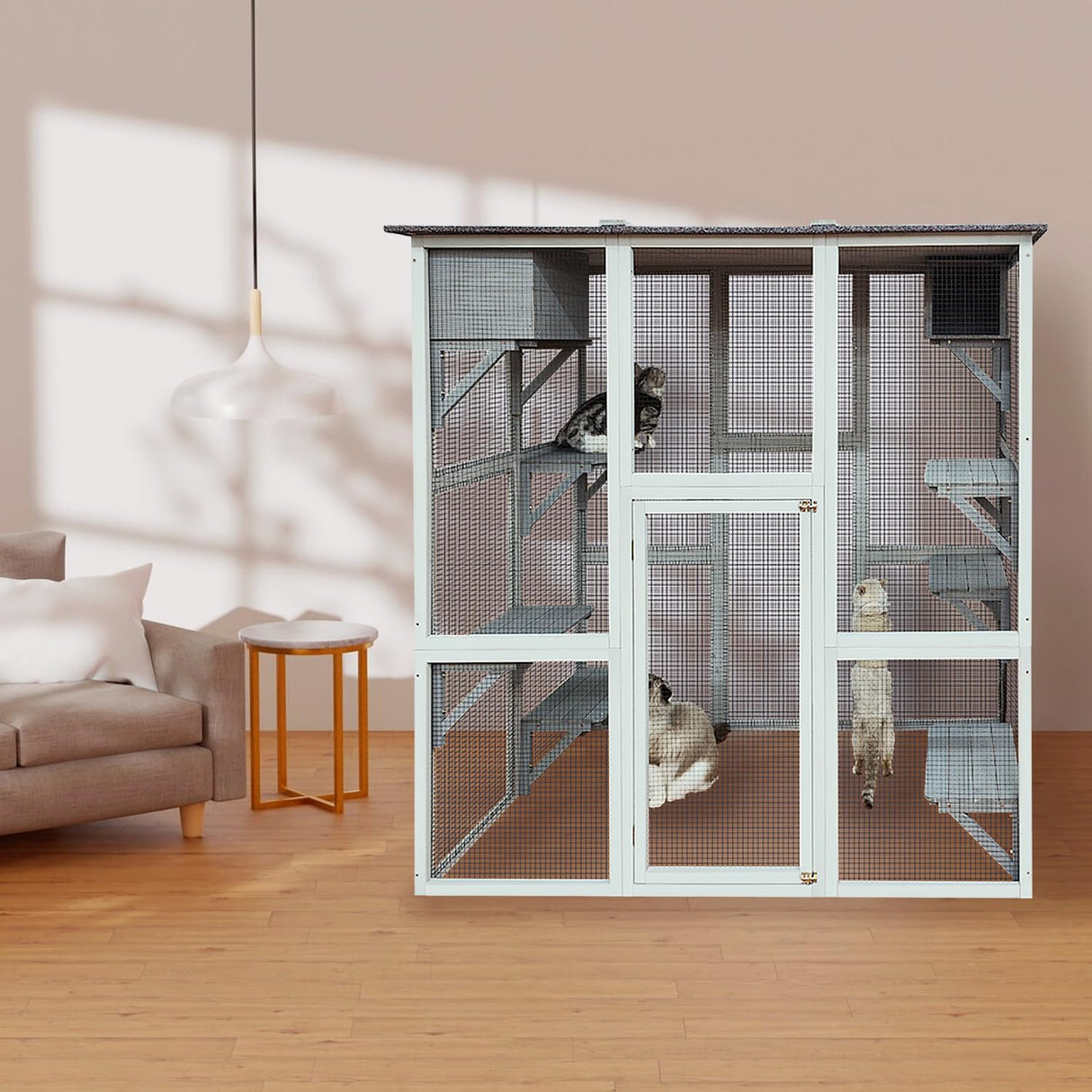 KELRIA 71 Inch Wooden Catio Outdoor Cat Enclosure, Large Cat House with 8 Jumping Platforms, 2 Napping Houses & Weatherproof Asphalt Roof, Walk-in Kitty Condo Shelter Playpen for Multiple Pets, White KELRIA