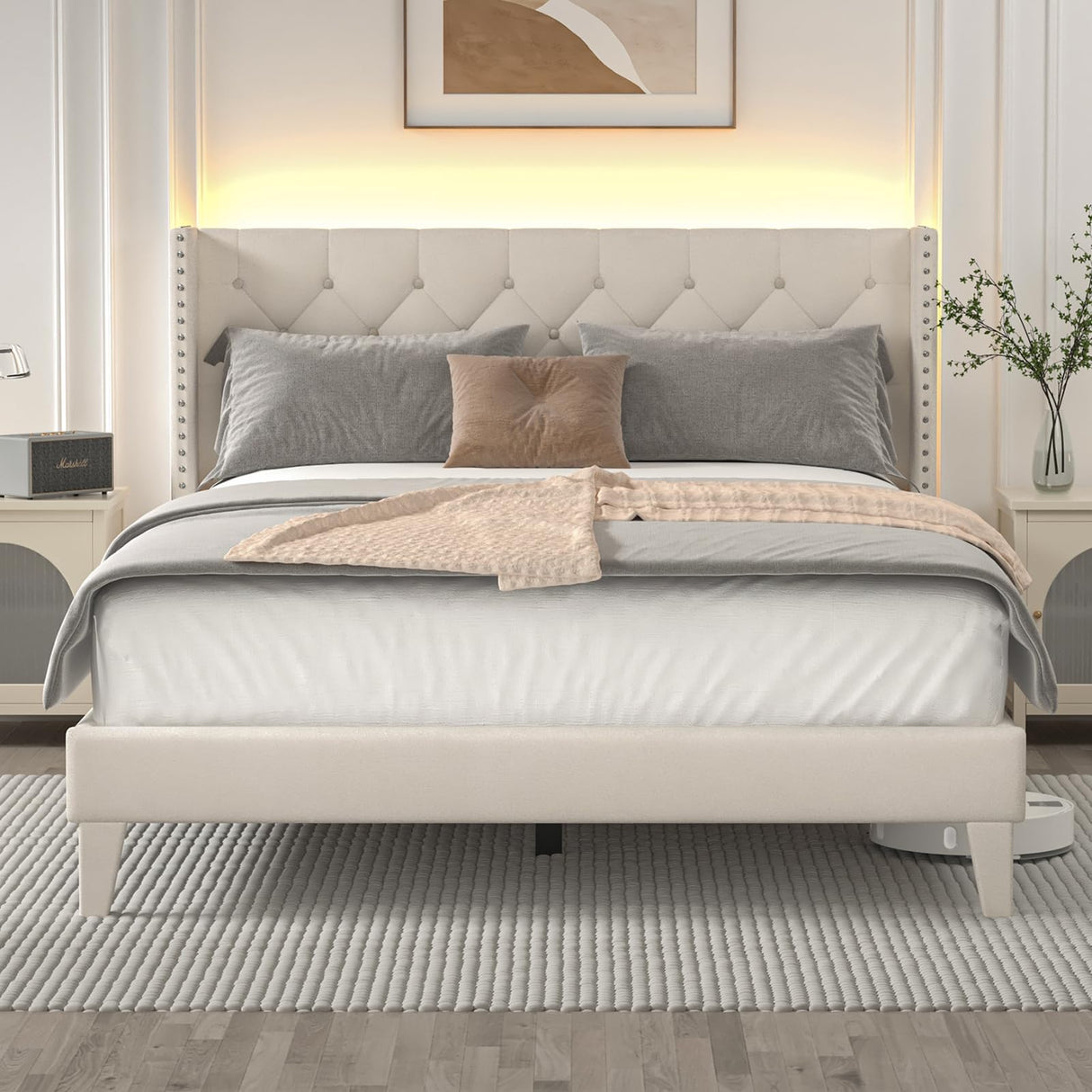 DOGIBIXO Full Size Bed Frame with Wingback Headboard, Upholstered Platform Bed Frame with Diamond Tufted Headboard & Lights, Wood Slat, Easy Assembly, Noise-Free, No Box Spring Needed, Beige DOGIBIXO