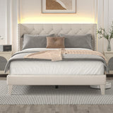 DOGIBIXO Full Size Bed Frame with Wingback Headboard, Upholstered Platform Bed Frame with Diamond Tufted Headboard & Lights, Wood Slat, Easy Assembly, Noise-Free, No Box Spring Needed, Beige DOGIBIXO