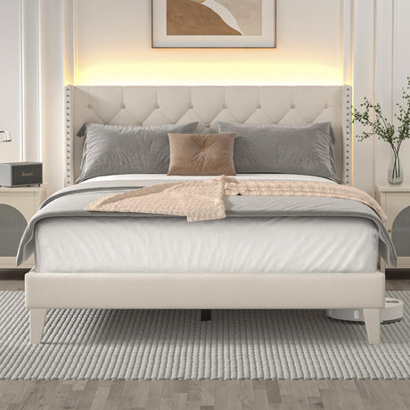 DOGIBIXO Full Size Bed Frame with Wingback Headboard, Upholstered Platform Bed Frame with Diamond Tufted Headboard & Lights, Wood Slat, Easy Assembly, Noise-Free, No Box Spring Needed, Beige DOGIBIXO