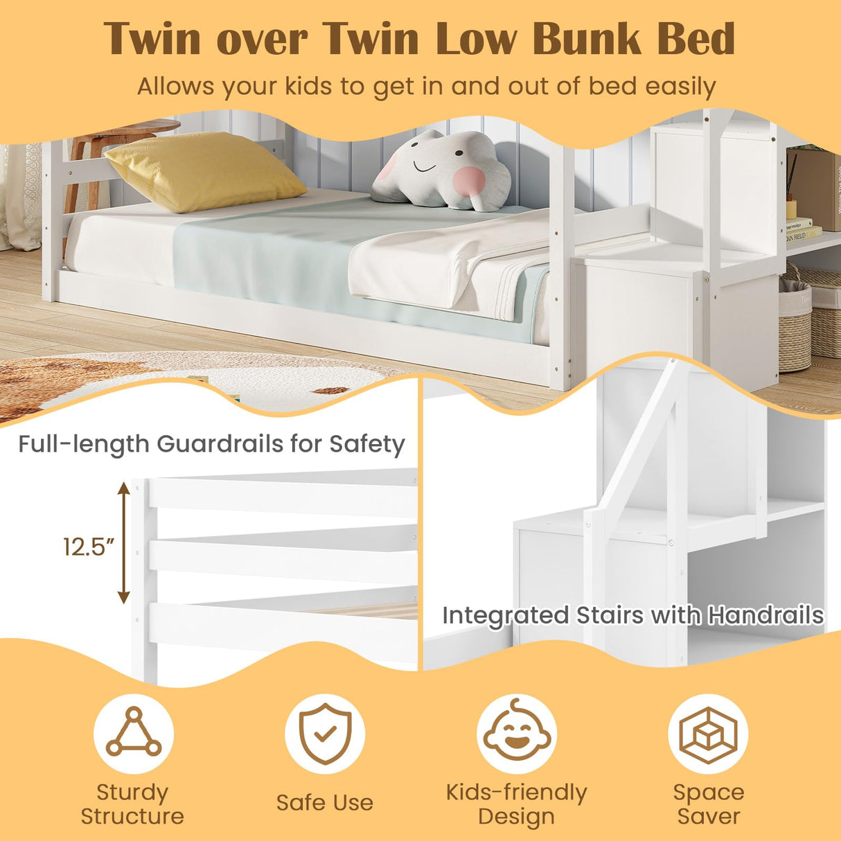 Giantex Twin Over Twin Bunk Bed with Stairs, Solid Wood Floor Bunk Bed with Storage Staircase & Full-Length Guardrails, Low Bunk Bed with for Kids, Teens, Adults, Dorm, Small Space, White Giantex