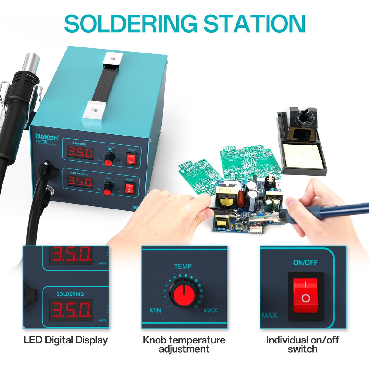 Bakon 852d+ Heat Gun And Soldering Iron 2-In-1 Kit, Smd Hot Air Rework Soldering Station, Multiple Functions Electronics Kit, Led Digital Display, Knob Type Adjustable Temperature (BK852D+) BAKON