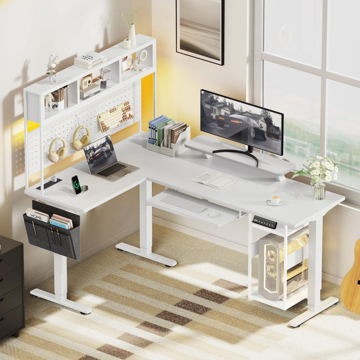 Flycity Electric L Shaped Standing Desk Adjustable Height, 67" x 47" Corner Computer Desk with Host Shelf, Gaming Desk with LED Lights & Power Outlet, Dual Motor Home Office Desk with Storage, White Flycity