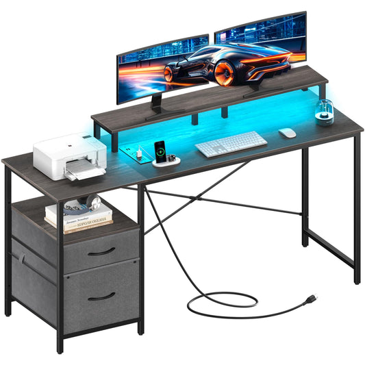 Yoobure Computer Desk, Gaming Desk with LED Lights & Power Outlets, Office Desk with Fabric File Cabinets, 55.1" Gaming Table with Long Monitor Stand, PC Gamer Desk with Drawers for Home office, Grey