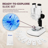 ESAKO Dual LED Kids Microscope - 52+ Piece Science Kit with Mineral & Insect Specimens, 10 Prepared Slides & 10 DIY Blank Slides, Microscope kit for Kids 8-12 ESAKO