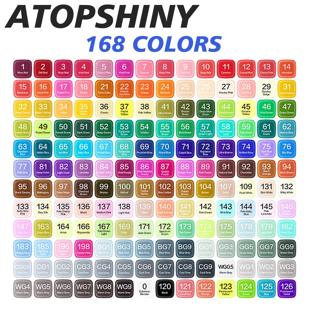 ATOPSHINY Alcohol Markers 168 Colors Drawing Pens Set Dual Tip Permanent Art Markers for Kids and Adult Gifts-168 Black Shell Refillable ATOPSHINY