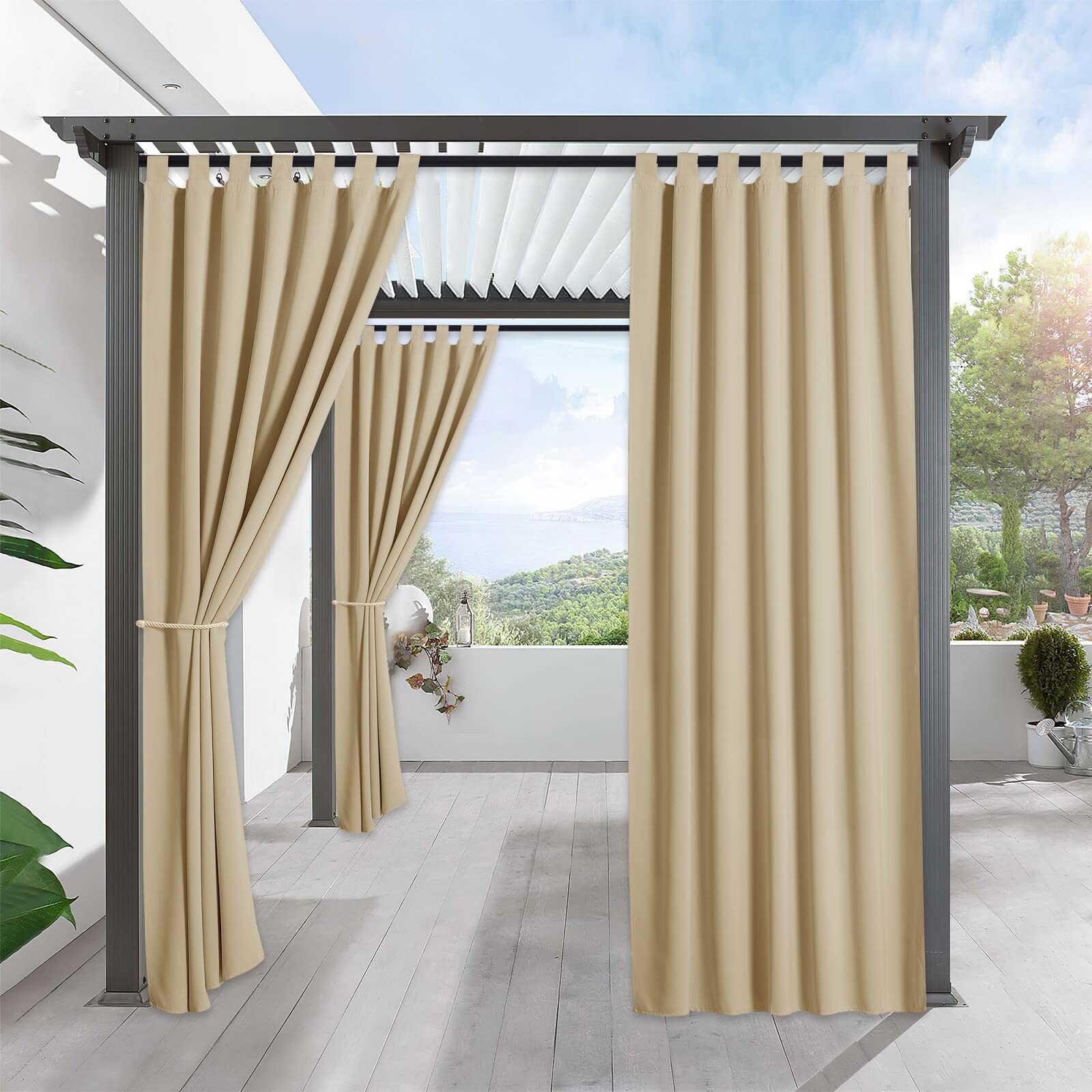 RYB HOME Outdoor Patio Curtains - Blackout Waterproof Porch Curtains & Drapes Privacy Protect Sunight Block for Pavilion Pergola Porch, 1 Panel, W 52 x L 84 inch, Cream Beige - WoodArtSupply