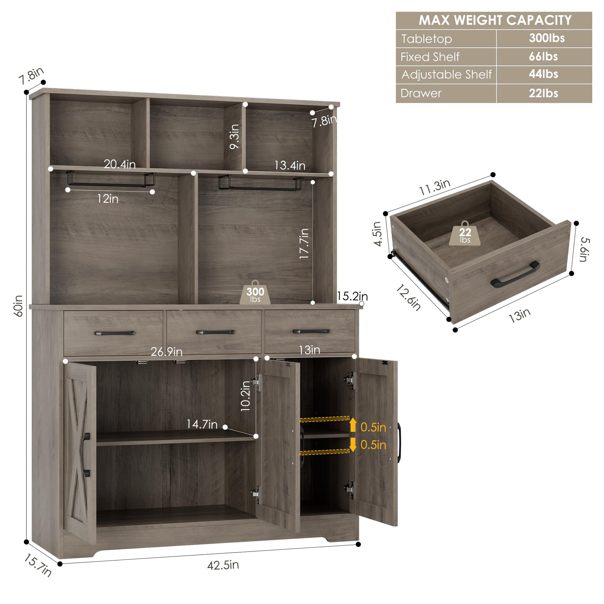 HOSTACK Buffet Cabinet with Hutch, Modern Farmhouse Kitchen Buffet Sideboard Storage Cabinet with 3 Drawers, Barn Door Coffee Bar Station, Liquor Cabinet for Dining Room, Living Room, Ash Gre - WoodArtSupply