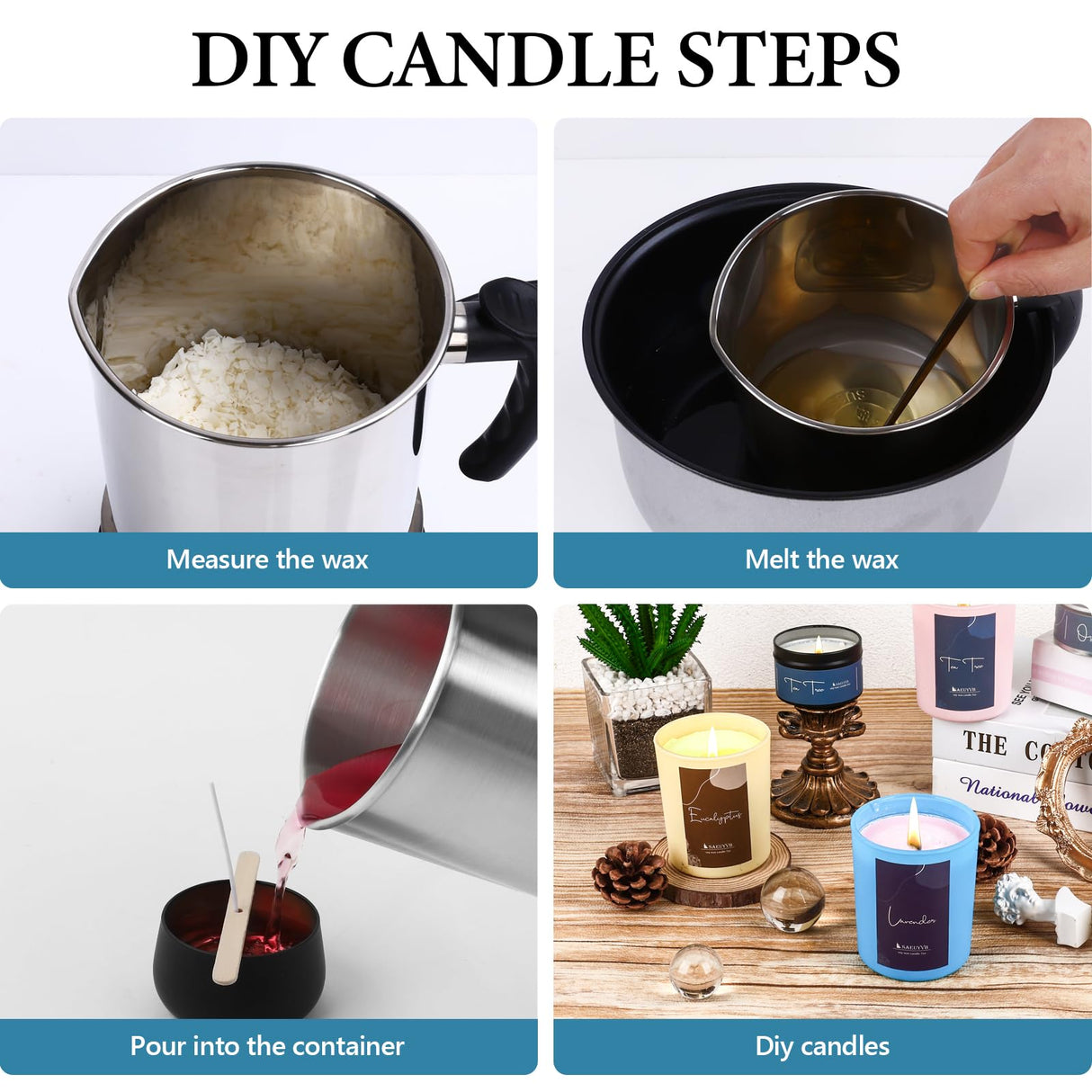 SAEUYVB Soy Wax for Candle Making，Natural Candle Wax for Candle Making, Premium Granulated Soy Wax - Paraffin-Free,Beeswax-Free,20 Cotton Candle Wicks,20 Wick Stickers&2 Centering Devices(5 lbs) SAEUYVB