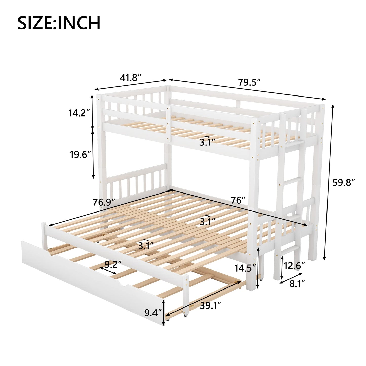 KLMM Twin Over Twin/Queen Wood Bunk Bed with Trundle and Stretchable Down Bed, Accommodate 4 People Extendable Bunk Beds with Ladder and Safety Rail (White/4-in-1) - WoodArtSupply