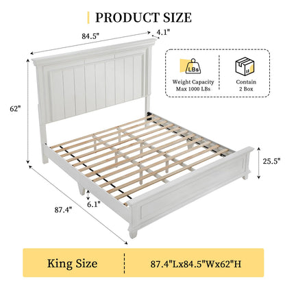 YUMPIE Farmhouse King Size Wood Bed Frame with Headboard and Footboard, No Box Spring Needed, Rustic Platform Bed with 12 Wood Slats Support, Distressed White