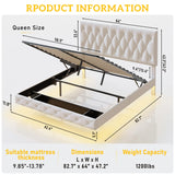 Lift Up Storage Bed Frame Queen Size Floating Bed Frame with Adjustable Headboard/LED Lights/Charging Station/Outlet,Velvet Upholstered Tufted Platform Bed Frame/Wooden Slat/No Box Spring Needed,White QPLZF