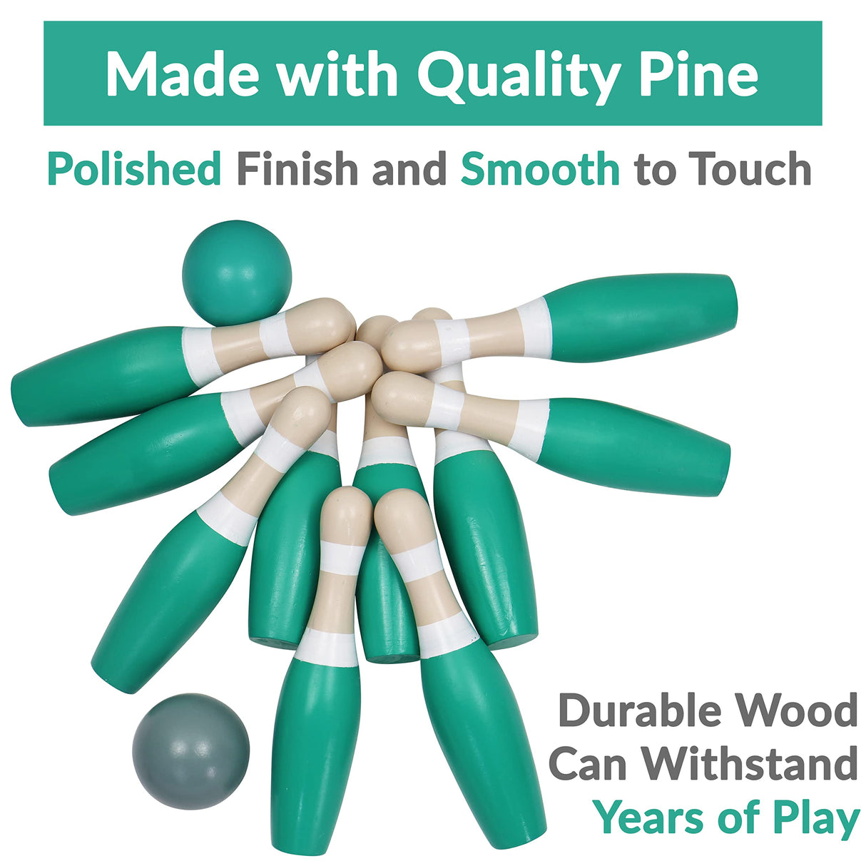 Sterling Sports Wooden Lawn Bowling 9" Skittles Set with Carrying Mesh Bag for Indoors and Outdoors - 10 Wooden Pins and 2 Balls, Green/Turquoise and Gray STERLING