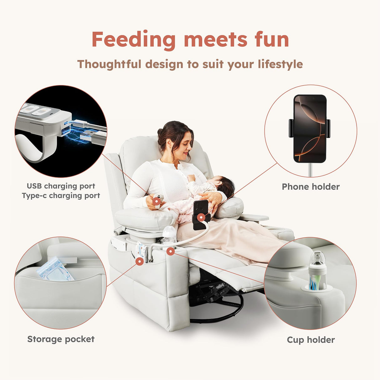 MAMAZING Oversized Rocking Chair Nursery with Adjustable Armrests, Electric Glider Recliner Nursing Chair for Breastfeeding, Power Swivel Recliner Chairs, Oeko-TEX & FSC Certified (Off White) MAMAZING