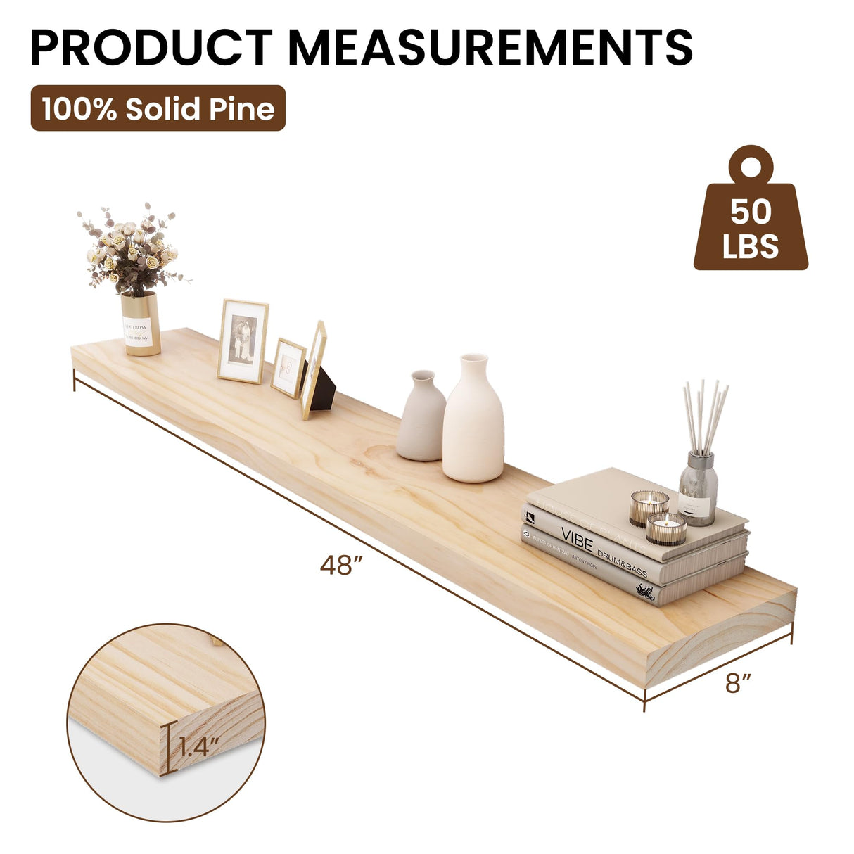 Heimlove Wood Floating Shelves for Wall,Fireplace Mantel Shelves,Rustic Farmhouse Floating Shelves 48 inch,Solid Pine Wood Wall Shelf for Bathroom,Bedroom,Living Room,Kitchen,Office Decor-Natural Heimlove