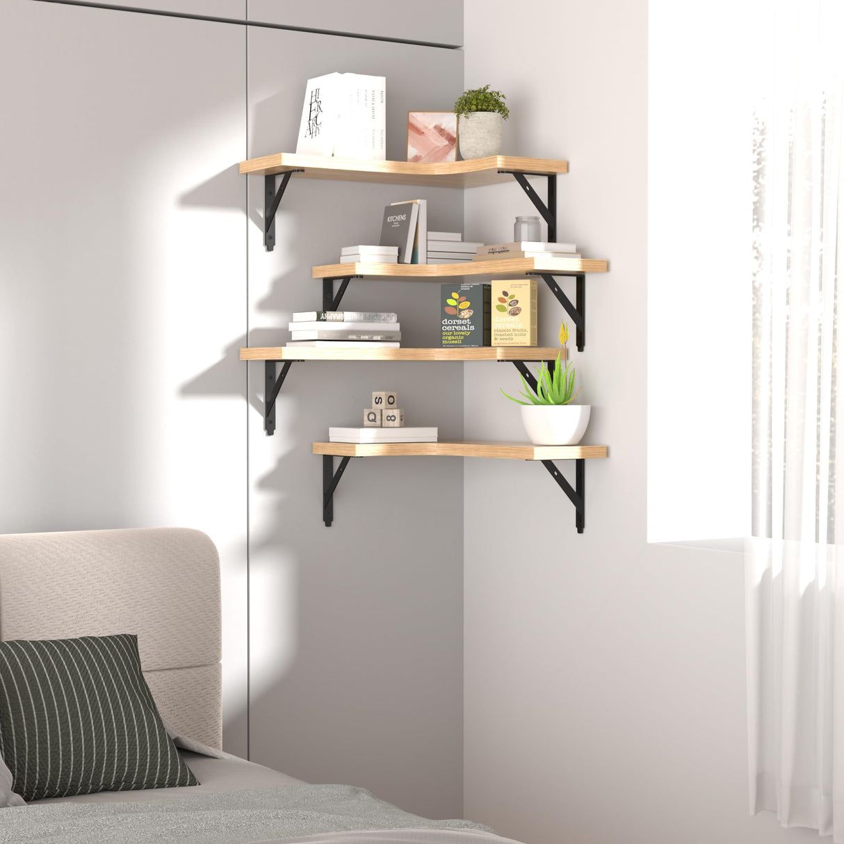 ROMGUAR CRAFT Corner Floating Shelves Wall Mounted Set of 4, Rustic Wood Storage Display Wall Shelves for Home Decor, Bathroom, Kitchen, Bedroom, Living Room, Office (Natural) ROMGUAR CRAFT