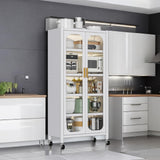 Runboll Kitchen Pantry Storage Cabinet, 6 Tier Metal Sideboard with Wheels and Acrylic Glass Door, Modern Display Curio Cabinet Bookcase White Runboll