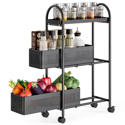 KINGRACK 3-Tier Slim Storage Cart with Pull Out Basket, Rolling Bathroom Organizer Utility, Metal Shelving Unit Slide Out, Lockable Wheels, Easy Assembly for Narrow Place, Kitchen, Laundry Room, Black