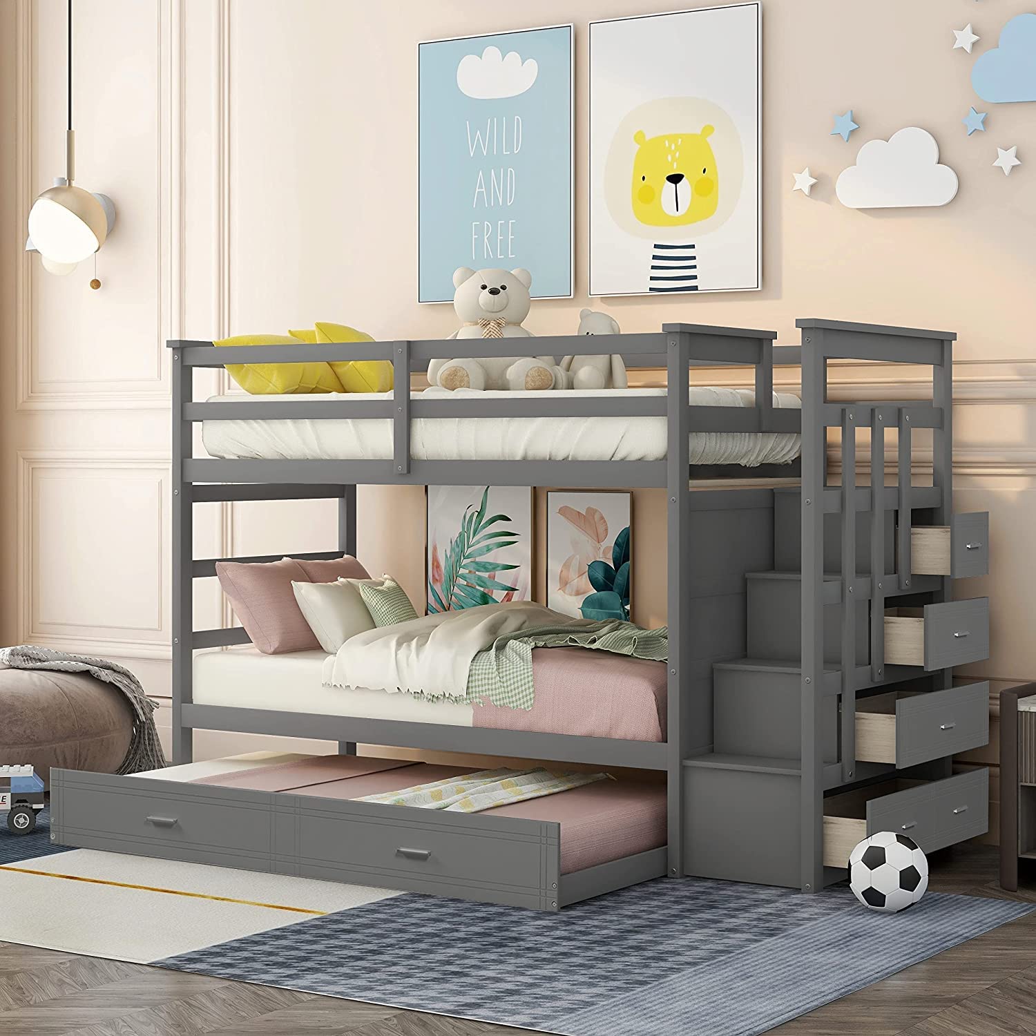 Bellemave Grey Twin Over Twin Bunk Bed with Trundle, 4 Storage Drawers, Staircase & Safety Guard Rails - WoodArtSupply