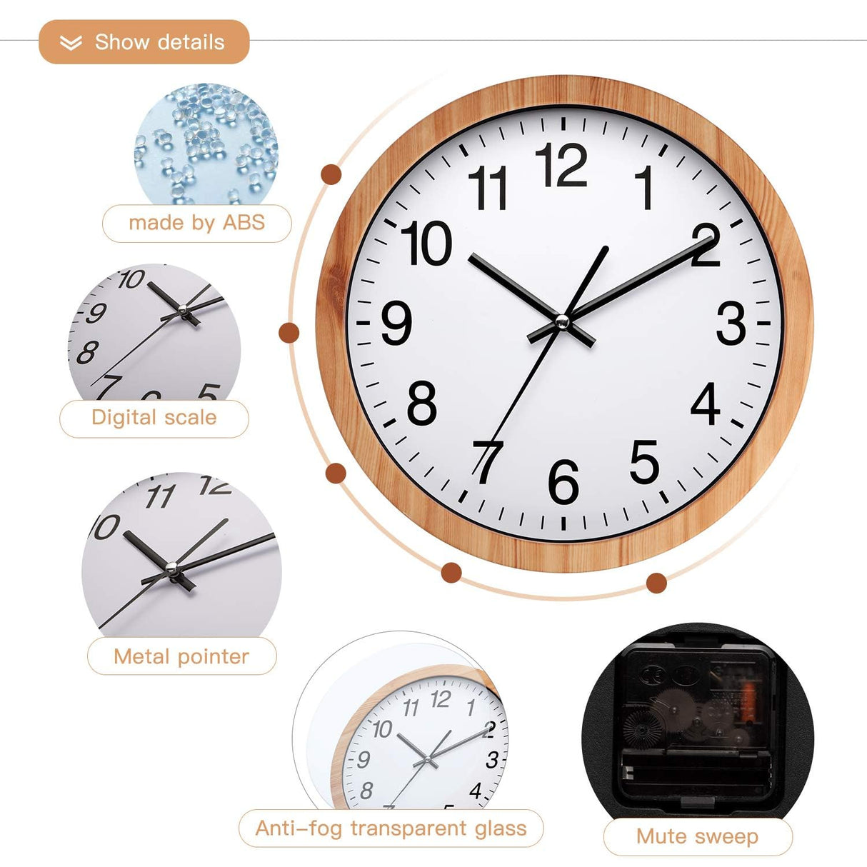 NUOVO 10 Inch Wooden Round Wall Clock Silent & Non-Ticking Retro Wall Clock Operated for Living Room Bedroom Kitchen(26 cm/ 10") NUOVO