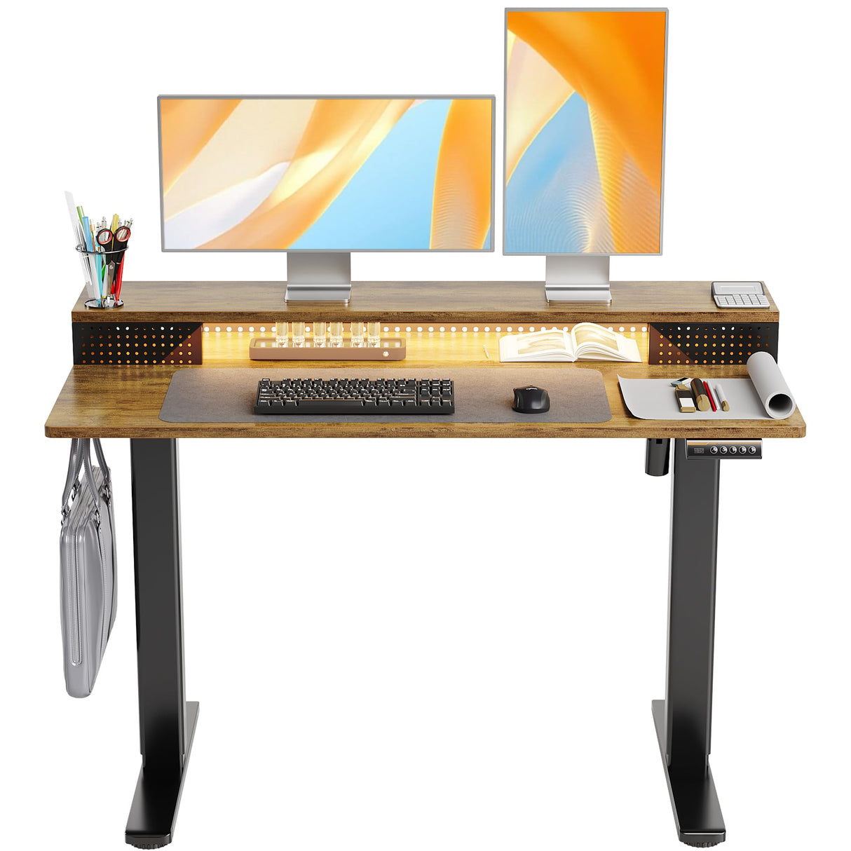 Claiks Electric Standing Desk with Shelf, 48 Inch Height Adjustable Standing Desk with LED Lights & Monitor Stand, Black Frame/Rustic Brown Top Claiks