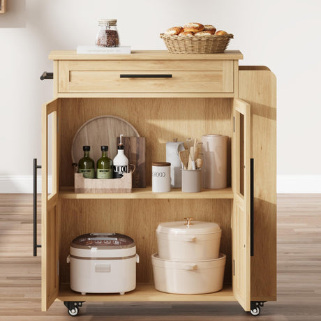 GAOMON Retro Kitchen Island with Storage - 36" Mobile Cart with Glass Cabinet Door, Spice Rack & Towel Rack, Farmhouse Style for Dining Room (Natural) GAOMON