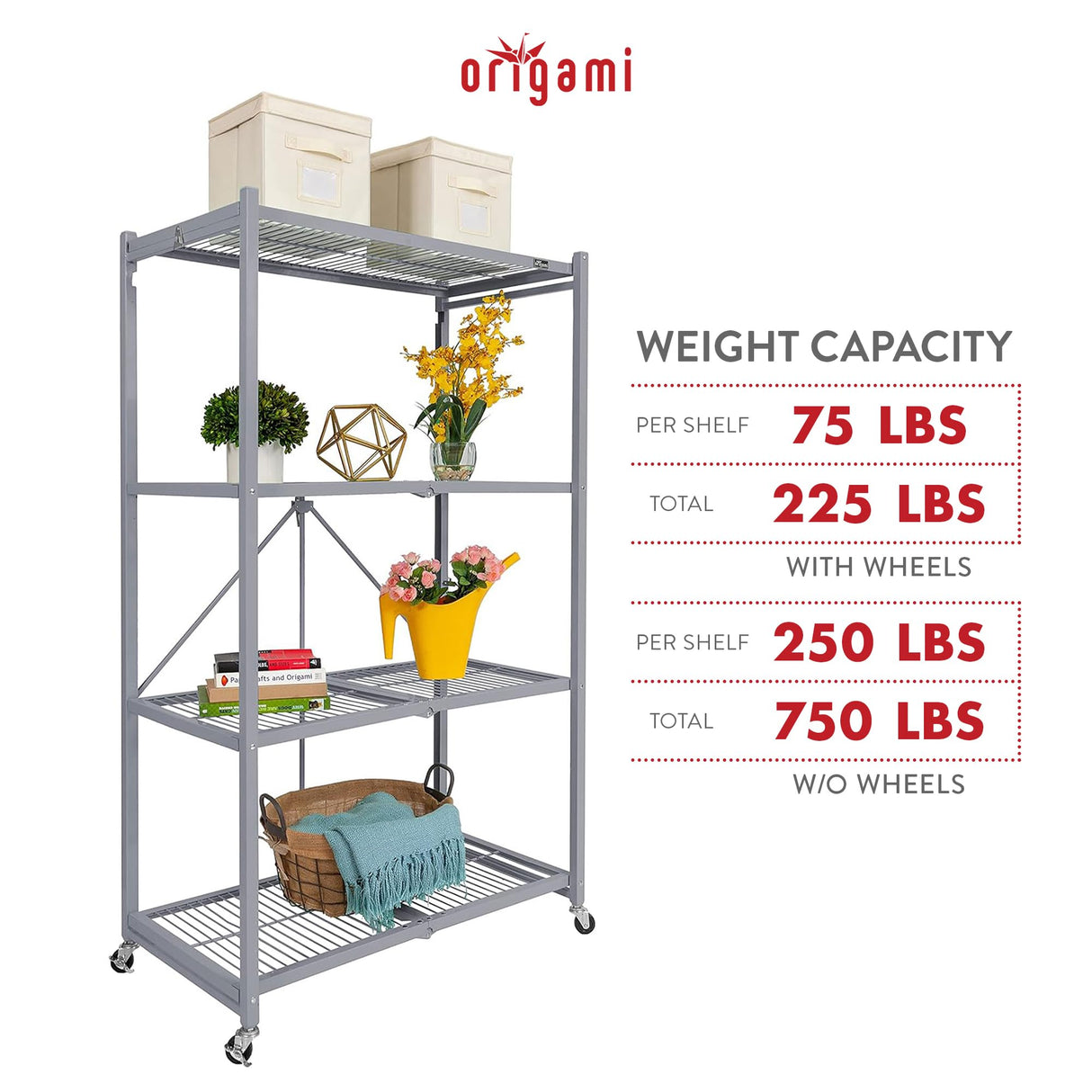 Origami 4-Tier Storage Shelves on Wheels, Steel Shelving Holds 1000 pounds, Heavy Duty Garage Storage & Organization, Closet Organizer, Utility Shelf Origami