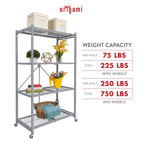 Origami 4-Tier Storage Shelves on Wheels, Steel Shelving Holds 1000 pounds, Heavy Duty Garage Storage & Organization, Closet Organizer, Utility Shelf Origami