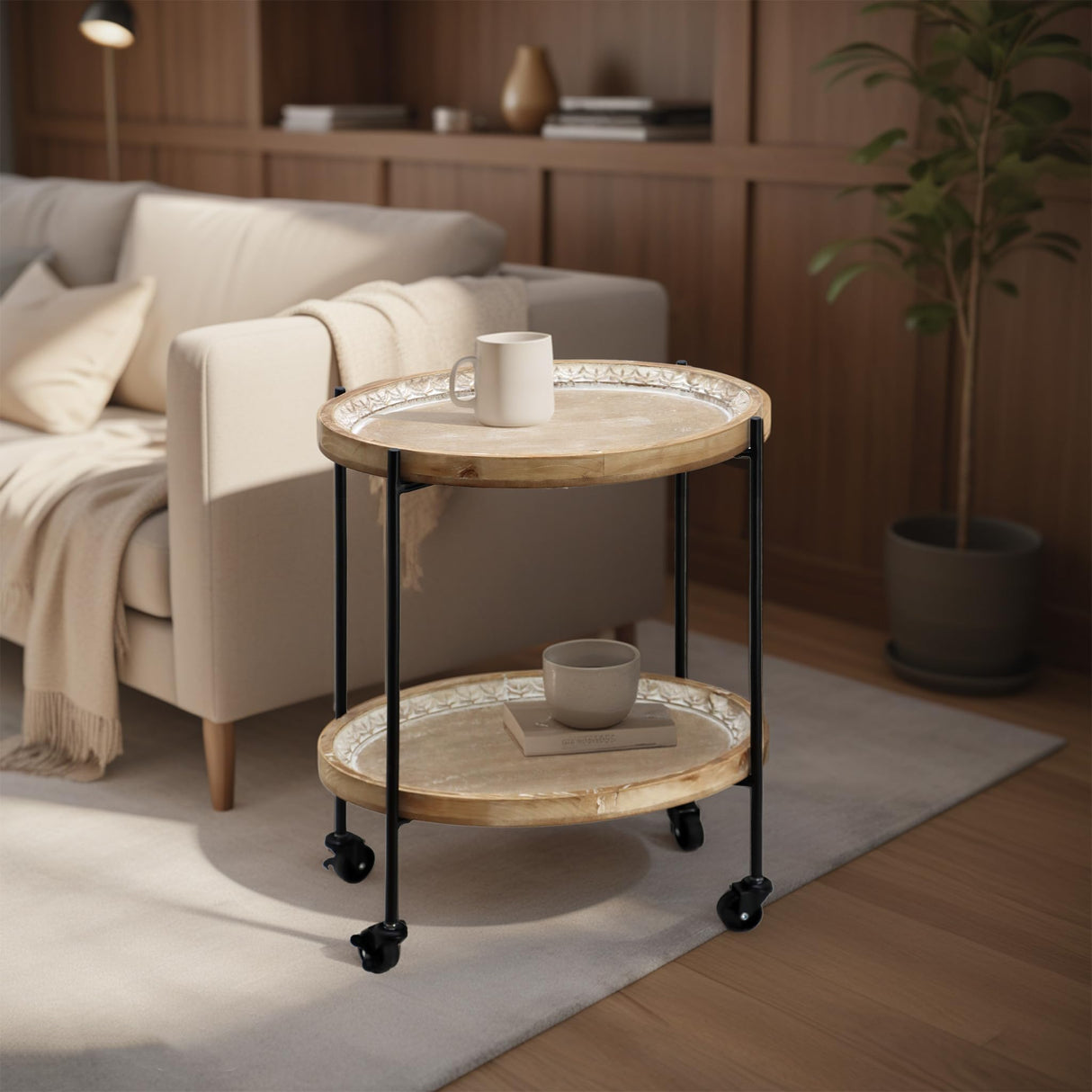 PARISLOFT Farmhouse End Table with Wheels, 2 Tier Side Table with Tray Top, Metal and Wood Rolling Coffee Table for Sofa, Kitchen, Living Room, Bedroom PARISLOFT