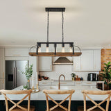 WUZUPS 5-Light Metal Chandelier Imitation Wood Grain Linear Pendant Ceiling Lighting Rustic Farmhouse Fixture Kitchen Island Dining Room, H 8.5" L 31.5" W10, E26 Base, Black & Retro Wood WUZUPS