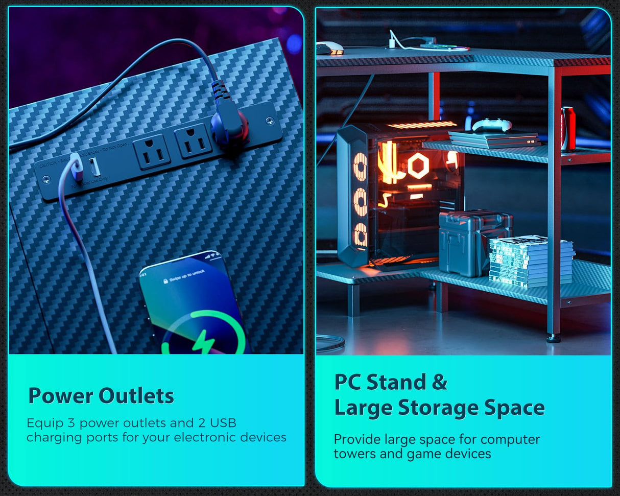 ODK 40 Inch Small L Shaped Gaming Computer Desk with Power Outlets, Corner Desk with Reversible Storage Shelves & PC Stand for Small Space, Modern Simple Home Office Table, Carbon Fiber Surface, Black ODK