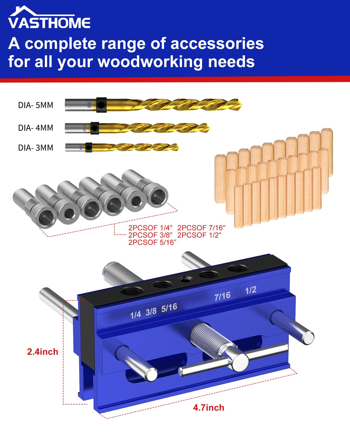 VASTHOME Self Centring Dowel Jig, Adjustable Drill Jig for Straight Holes, Biscuit Joiner Set with 6 Drill Guides, Adjustable Width Dowelling Jig for Straight Holes(blue) VASTHOME