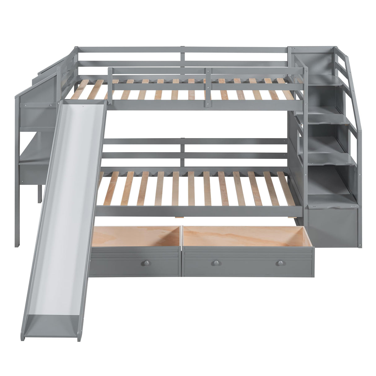 Bellemave Twin Over Twin Bunk Bed with 4 Drawers and Storage Staircase, Wood Bed Frame with Desk and Shelves, Twin Beds with Slide and Full-Length Guardrails for Kid's Room or Dormitory, Gray Bellemave