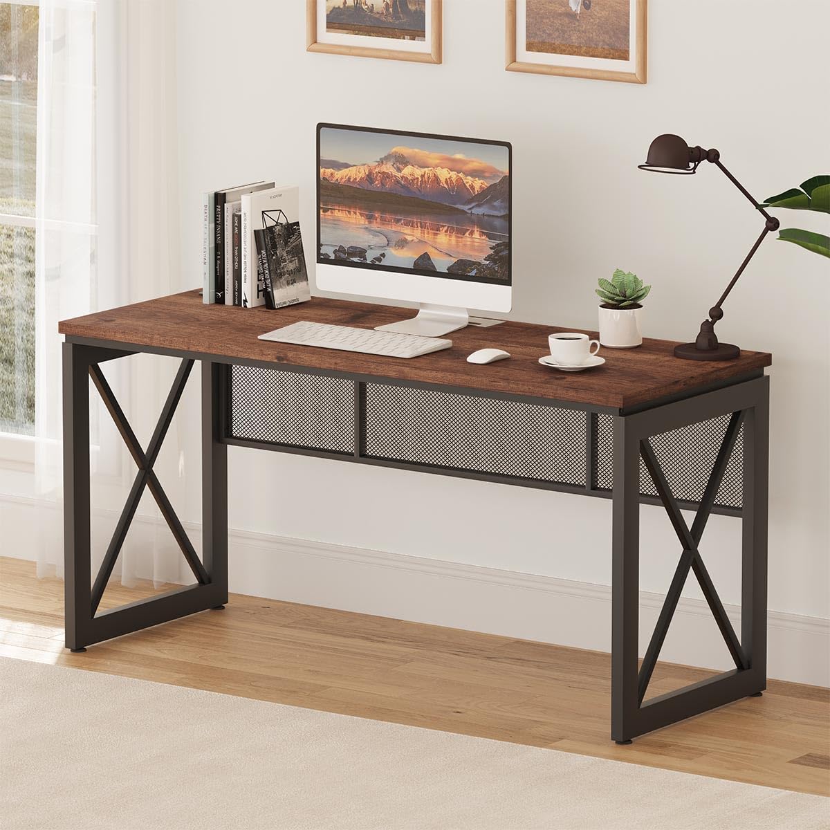 BON AUGURE 60 Inch Computer Desk for Home Office, Industrial Metal Wood Desk, Farmhouse Large Writing Desk, Modern Sturdy Gaming Desk (Rustic Oak) - WoodArtSupply