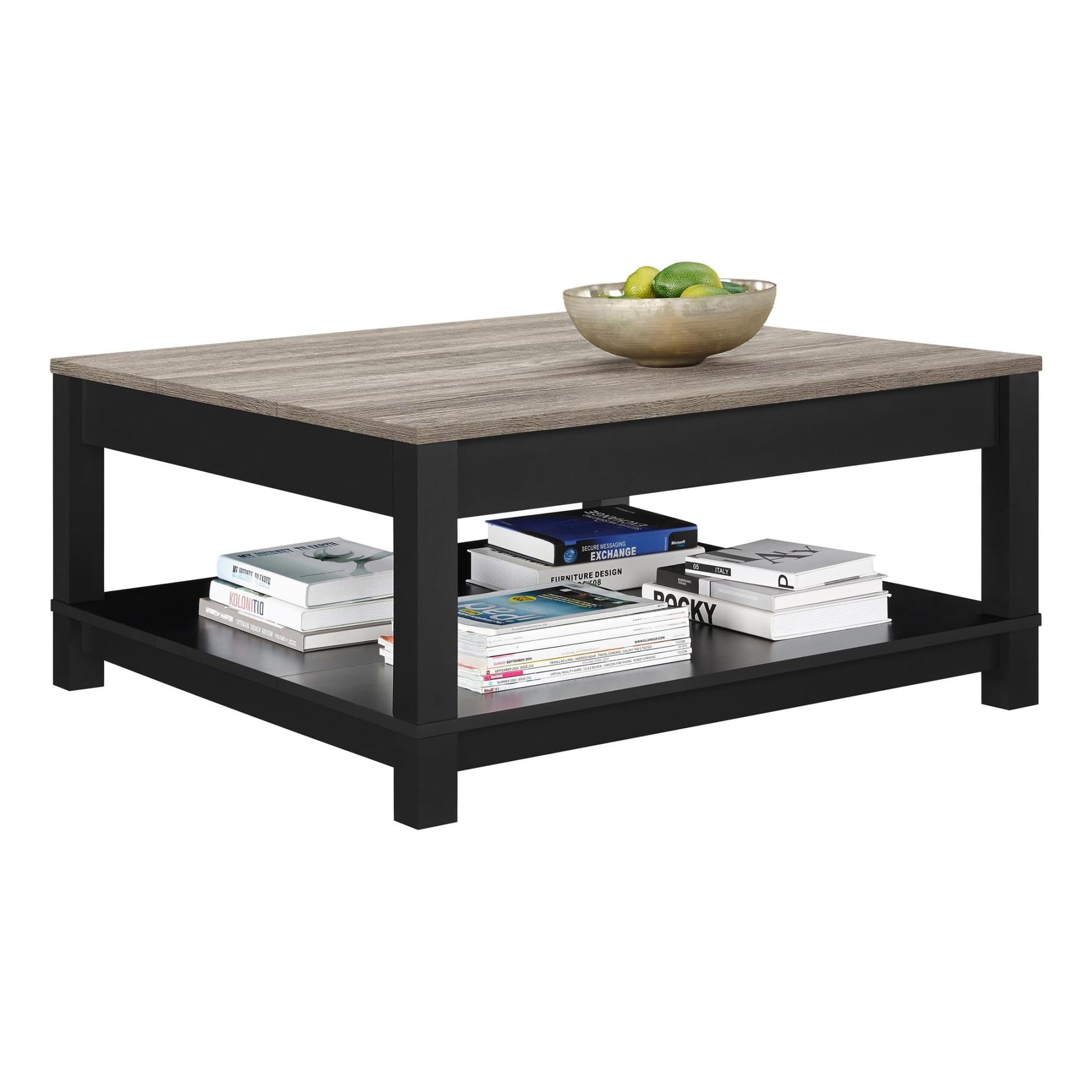 Ameriwood Home Carver Coffee Table with Open Storage, Matte Black Paint and Distressed Wood Grain Accents - WoodArtSupply