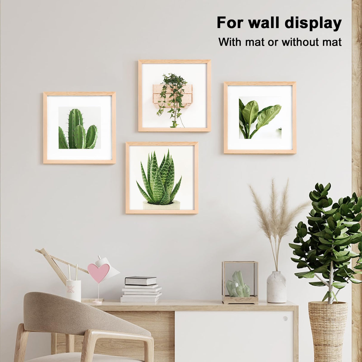 KINLINK 12x12 Picture Frame, Natural Square Solid Wood Frames for Pictures 8x8 with Mat or 12x12 without Mat, Wall Display Photo Frames Natural Wood 4 Pack KINLINK