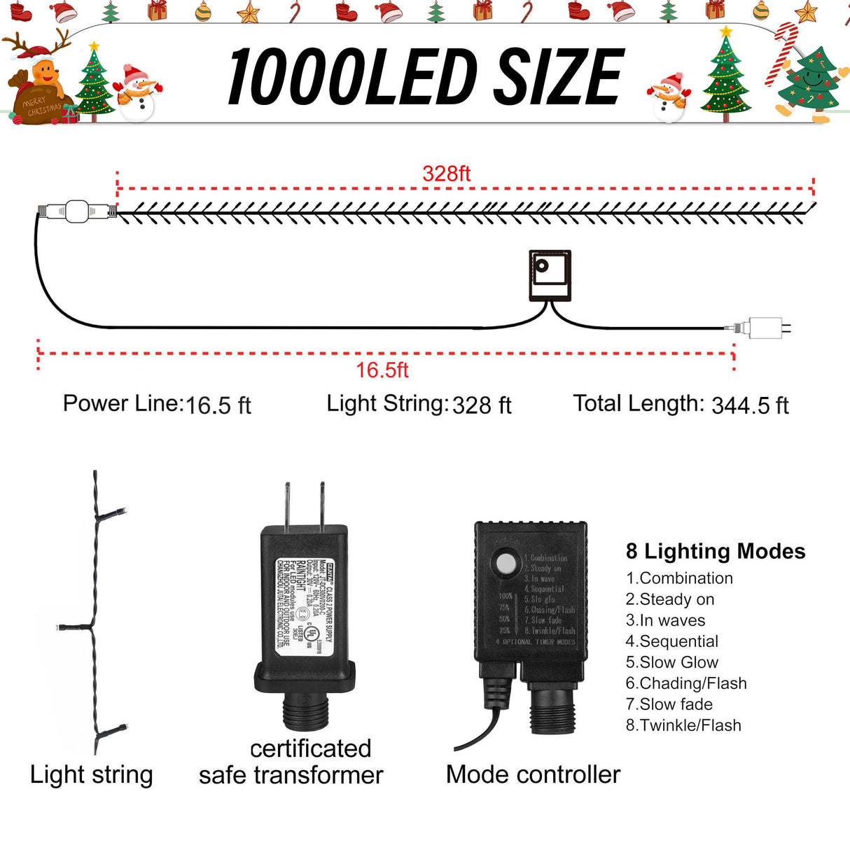 weillsnow 328 FT 1000 LED Christmas String Lights with Remote & Timer, 8 Lighting Modes Twinkle Lights, Waterproof Fairy Lights for Outdoor Bedroom Backyard Tree Wall Christmas Decoration (Red&Green) weillsnow