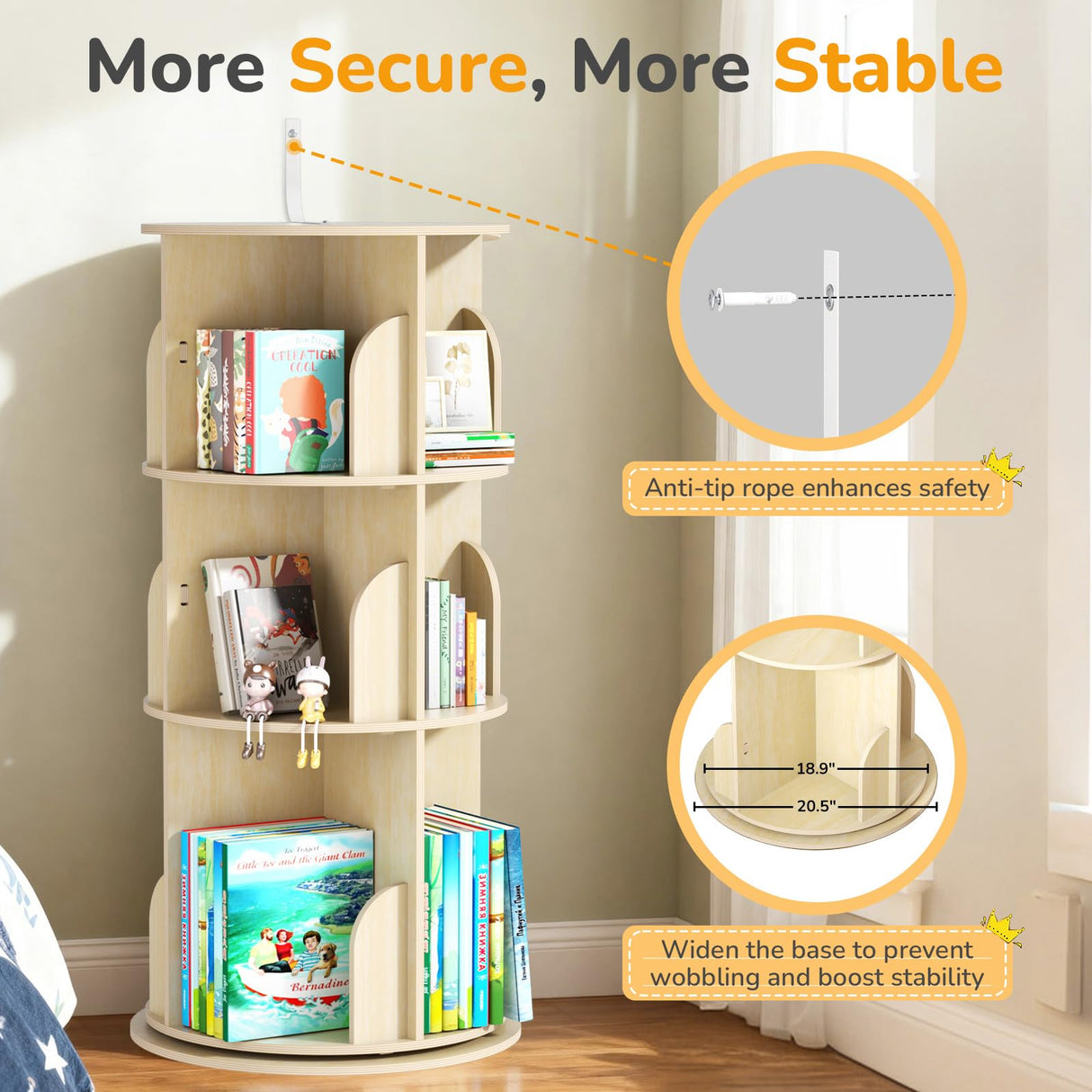 BIERUM Rotating Bookshelf Tower for Kids, 360° Display 3 Tier Spinning Bookshelf Storage Round Carousel, Small Rotating Bookcase, Revolving Bookshelf for Kids Room, Bedroom, Living Room BIERUM
