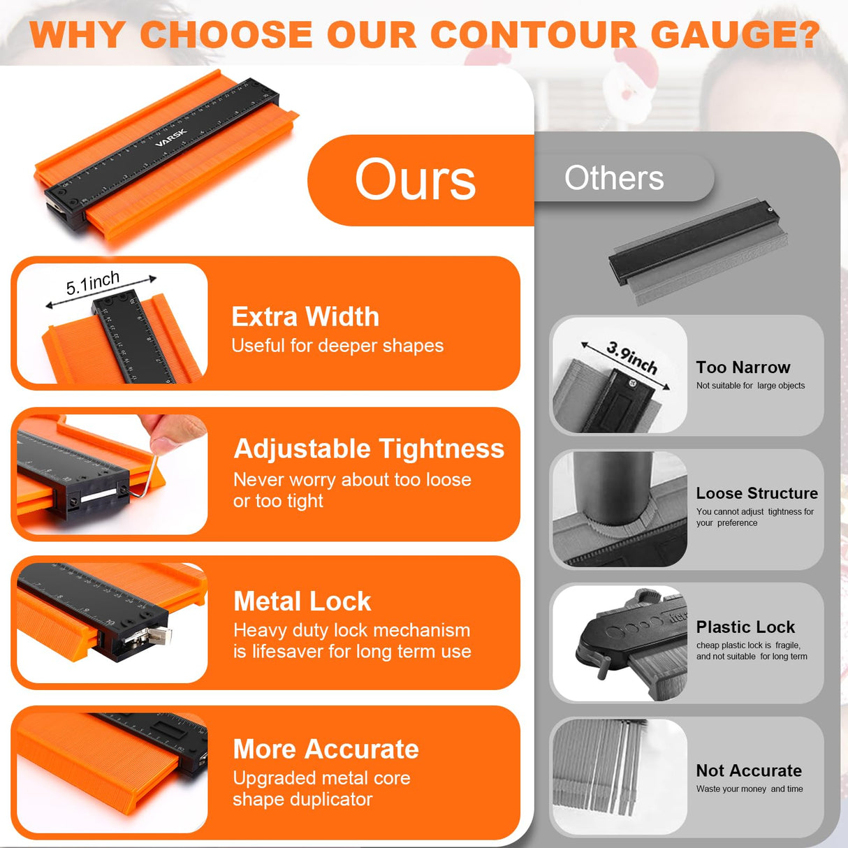 VARSK Contour Gauge Tool (10 inch) with Lock - Birthday Gifts for Men Dad Him, Cool Gadgets for Men, Irregular Shape Duplicator, Outline Edge Angle Measuring Tool for Woodworking Flooring VARSK