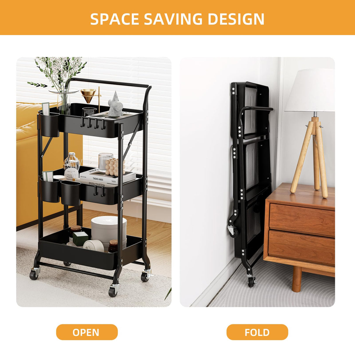 3 Tier Foldable Rolling Cart with Wheels, Folding Utility Cart Organizer, Collapsible Rolling Storage Cart with 3 Hanging Cups & 6 Hooks for Kitchen, Office, Nursery(Black) Amatic