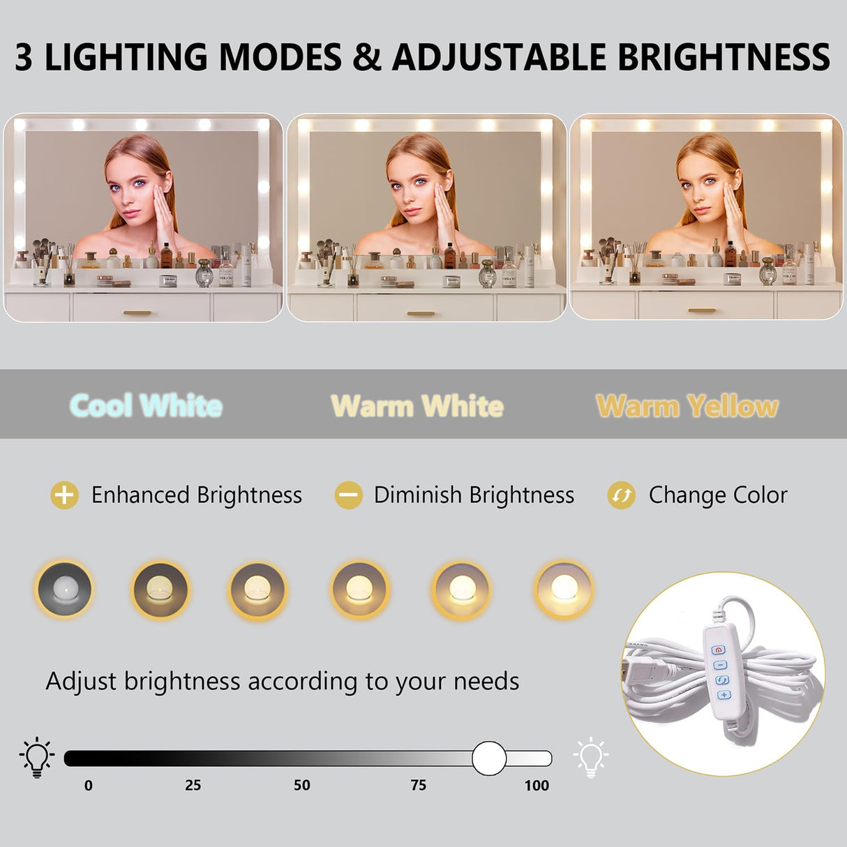 METOTI Vanity Desk with 38" Large Mirror and 9 LED Lights & Glass Top and Power Outlet, Adults Makeup Vanity with Chair and 7 Storage Drawers, Dressing Table Set for Bedroom, Modern White METOTI