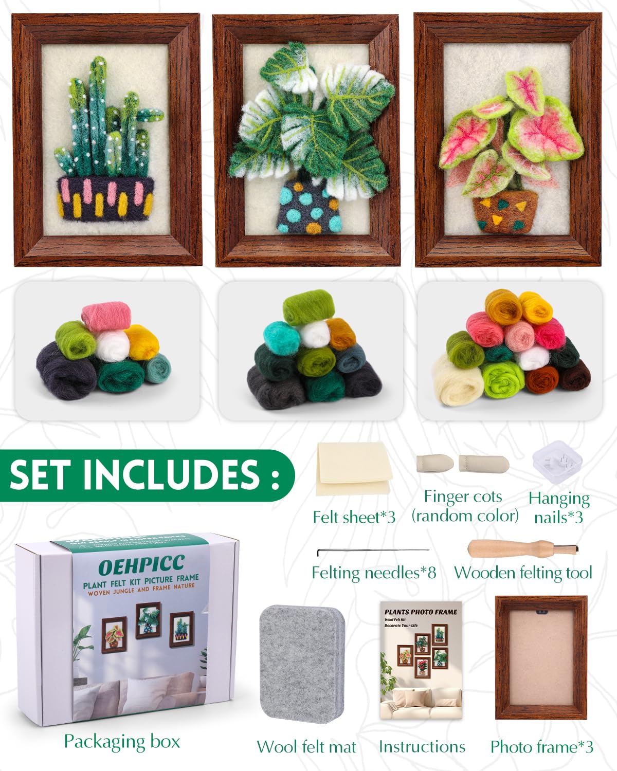 OEHPICC Needle Felting Kits for Beginners Adult, Wool Felting Kit with Frame & Tools, Needle Felt Painting Kit Includes Felting Needles, Fabric Sheet, Instructions (3 Potted Plants) OEHPICC