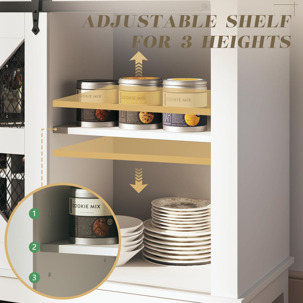 PRETZI 55" Farmhouse Coffee Bar Cabinet with LED Lights, Wine Bar Cabinet with 4 Tier Storage, Kitchen Buffet Cabinet with Sliding Door & Wine and Glass Rack for Dining Living Room PRETZI