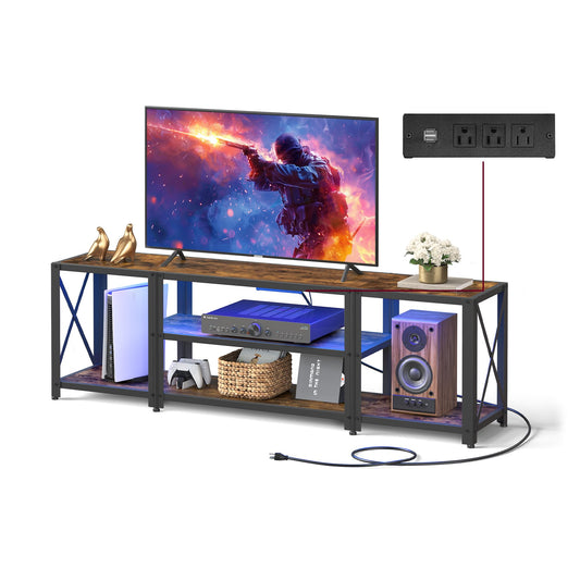 VASAGLE TV Stand with Power Outlets and LED Lights, for TVs up to 60 Inches, Entertainment Center with Open Storage Shelves, TV Console Table for Living Room, Rustic Brown and Ink Black ULTV121K01