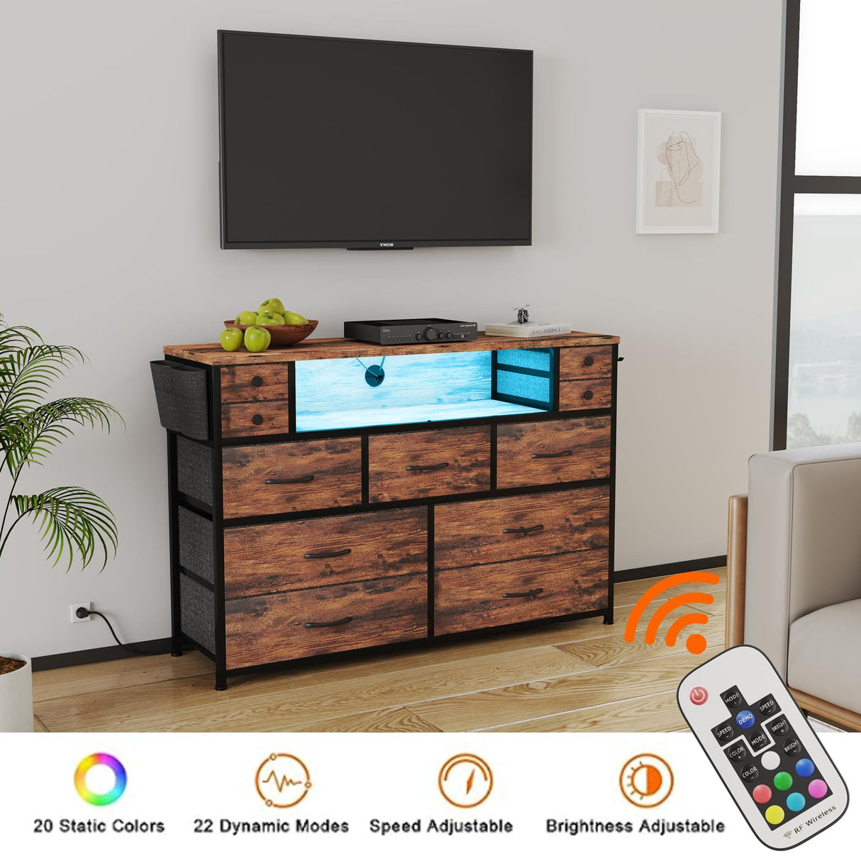 DRAWERHOM Dresser TV Stand with Power Outlets and LED Lights for 55'' TV, 11 Drawers Dresser with Side Pocket, Fabric Chest of Drawers with PU Finish, Sturdy Frame & Wood Top (Rustic Brown) DRAWERHOM