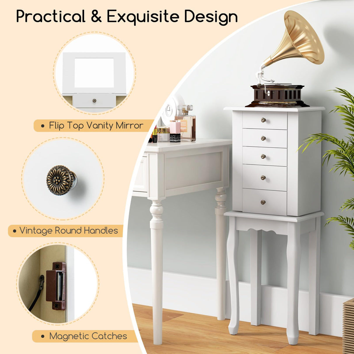 Giantex Jewelry Cabinet Armoire Chest with 4 Drawers, Flip Top Mirror, Top Storage Compartments, 2 Side Doors with 8 Necklace Hooks, 2 Shelves, White Standing Jewelry Organizer Box for Girls Gift Giantex